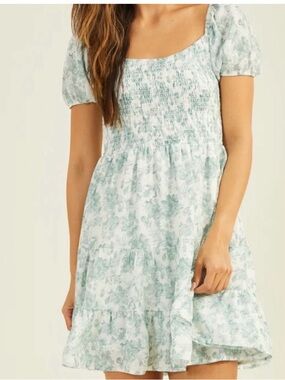 Altar'd State Mint Green Floral Smocked Mini Dress